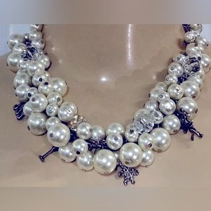 20.5” Costume Pearl, Clear Bead, & Multiple Charm Necklace